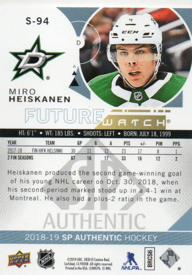  2018-19 SP Authentic Spectrum FX Gold #S94 Miro Heiskanen FW /50