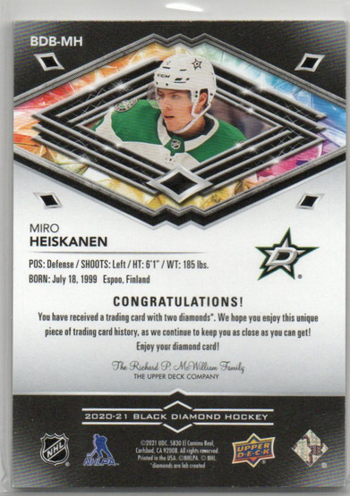  2020-21 Black Diamond Diamond Relics #BDBMH Miro Heiskanen /5
