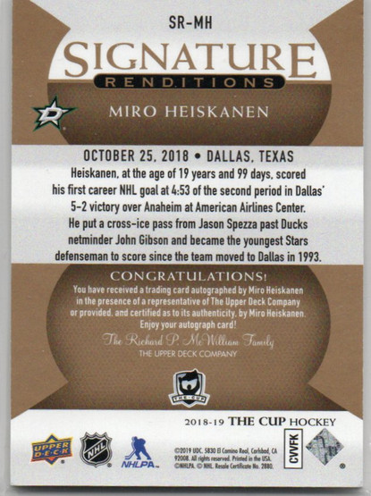  2018-19 The Cup Signature Renditions #SRMH Miro Heiskanen RC