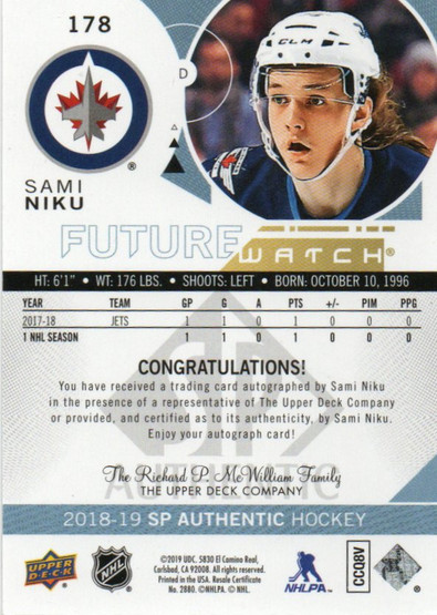  2018-19 SP Authentic #178 Sami Niku FW AU BLACK RC