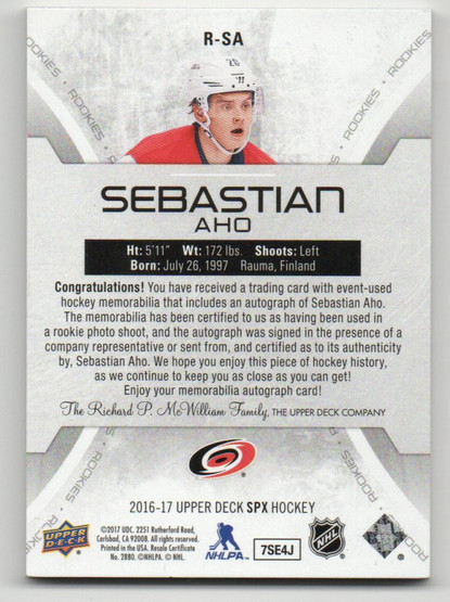  2016-17 SPx Rookies Gold #RSA Sebastian Aho PATCH AU/99