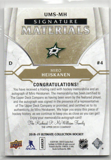  2018-19 Ultimate Collection Ultimate Material Signatures #UMSMH Miro Heiskanen/49