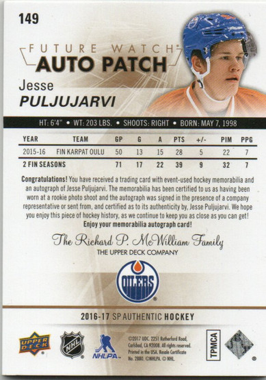  2016-17 SP Authentic Limited Patch Autographs #149 Jesse Puljujarvi FW/100