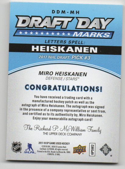  2018-19 SP Game Used Draft Day Marks Rookies #DDMMH Miro Heiskanen /35
