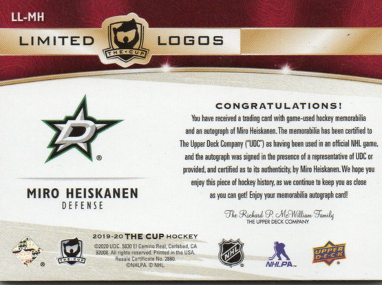  2019-20 The Cup Limited Logos Autographs #LLMH Miro Heiskanen/50