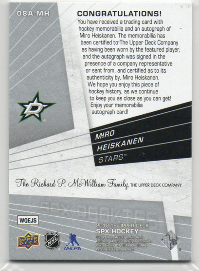  2018-19 SPx '08-09 Retro Rookies Autographs #08AMH Miro Heiskanen /99