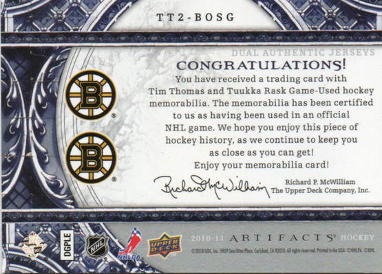  2010-11 Artifacts Tundra Tandems Silver #TT2BOSG Tim Thomas/Tuukka Rask /75