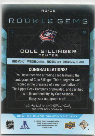  2021-22 Black Diamond Rookie Gems Pure Black Signatures #RGCS Cole Sillinger/99