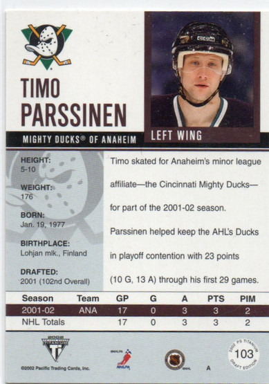  2001-02 Titanium Draft Day Edition #103 Timo Parssinen RC /780