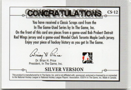  2013-14 ITG Used Classic Scraps Dual Memorabilia Silver #CS12 Bob Probert/Wendel Clark
