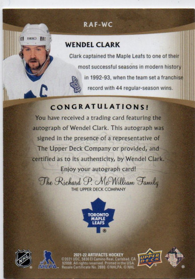 2021-22 Artifacts '05-06 Retro Autofacts #RAFWC Wendel Clark D