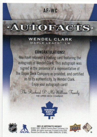  2021-22 Artifacts Autofacts #AFWC Wendel Clark E