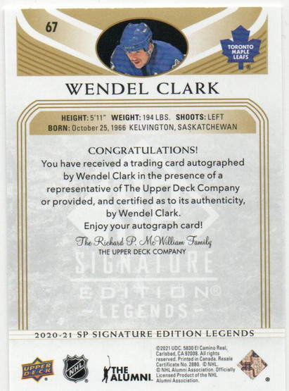  2020-21 SP Signature Legends Gold Spectrum #67 Wendel Clark AU C