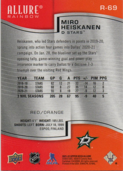 2021-22 Upper Deck Allure Rainbow Red Orange #R69 Miro Heiskanen