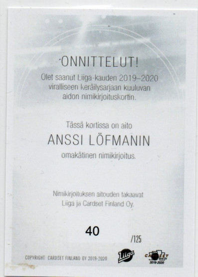 2019-20 Cardset Anssi Löfman Signature /125