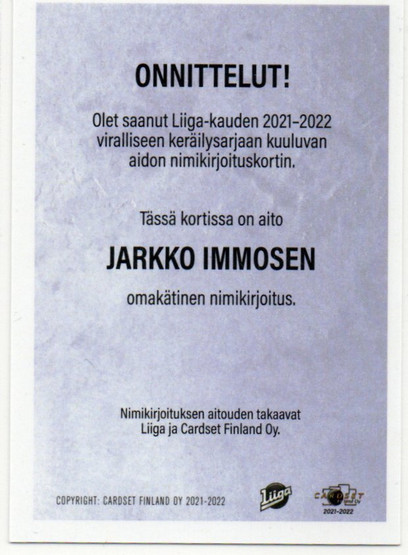 2021-22 Cardset Jarkko Immonen Signature /125
