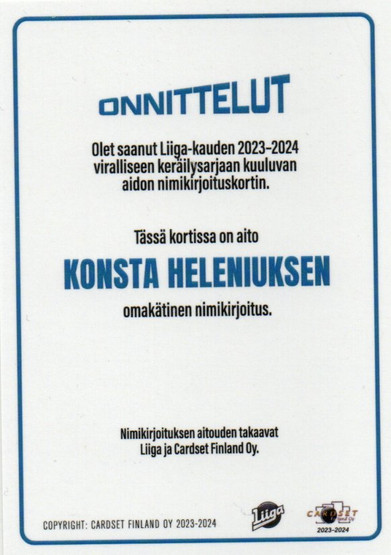 2023-24 Cardset Konsta Helenius Signature /100