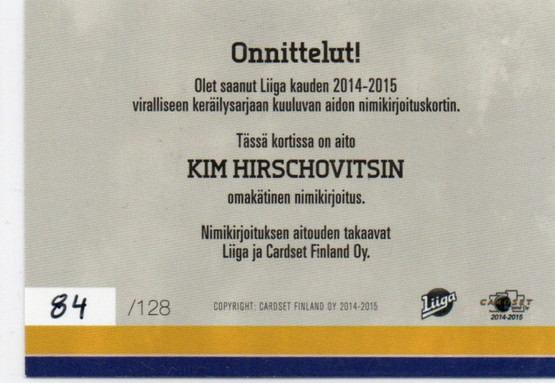 2014-15 Cardset Kim Hirschovits Signature /128