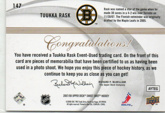  2007-08 Sweet Shot #147 Tuukka Rask JSY RC /599