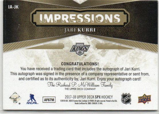  2017-18 SPx Impressions Autographs #IAJK Jari Kurri/249