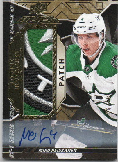  2018-19 UD Black Rookie Trademarks Patch Autographs #RTMH Miro Heiskanen/40 RC