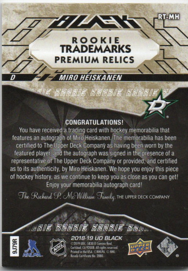  2018-19 UD Black Rookie Trademarks Patch Autographs #RTMH Miro Heiskanen/40 RC