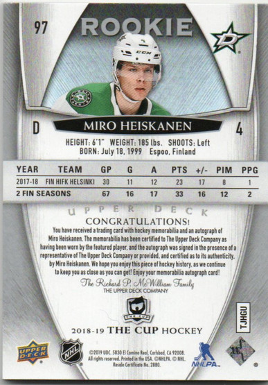 2018-19 The Cup #97 Miro Heiskanen JSY AU/249 RC