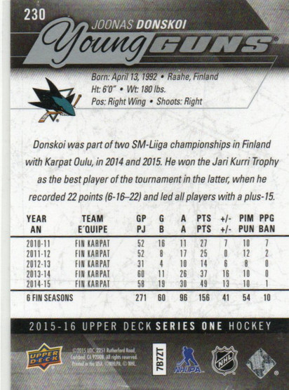  2015-16 Upper Deck #230 Joonas Donskoi YG RC