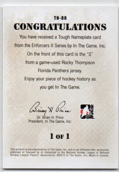  2013-14 ITG Enforcers Tough Nameplates #TN88 Rocky Thompson 1/1