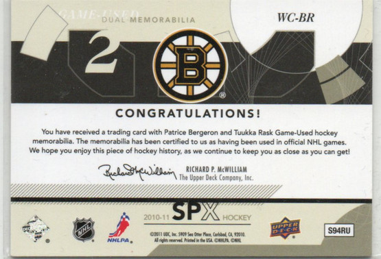  2010-11 SPx Winning Combos #WCBR Patrice Bergeron/Tuukka Rask