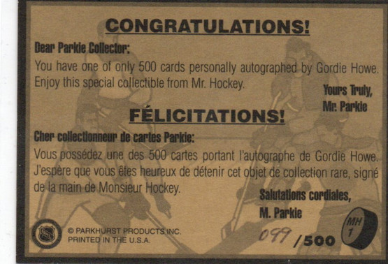 1995-96 Parkhurst '66-67 Gordie Howe Mr. Hockey Autographs #MH1 Gordie /500