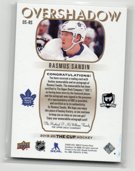  2019-20 The Cup Overshadow Rookie Patch Autographs #OSRS Rasmus Sandin/55