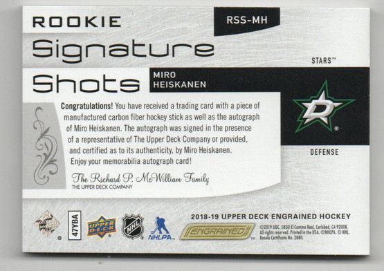  2018-19 Upper Deck Engrained Rookie Signature Shots #RSSMH Miro Heiskanen/149