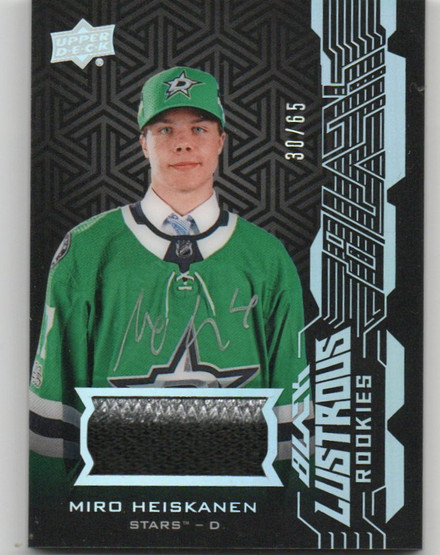  2018-19 UD Black Lustrous Rookies Patch Autographs #LRMH Miro Heiskanen/65