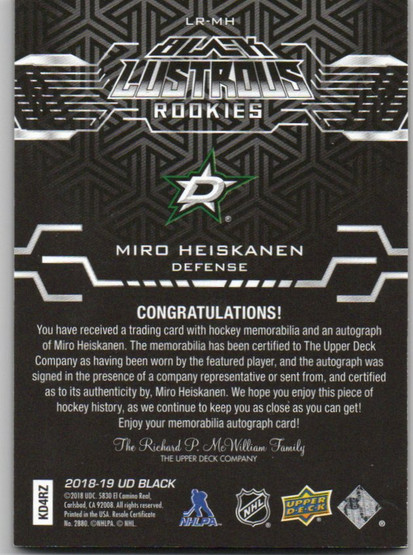  2018-19 UD Black Lustrous Rookies Patch Autographs #LRMH Miro Heiskanen/65