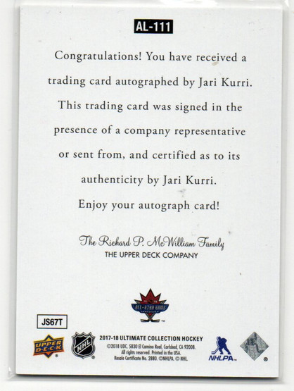 2017-18 Ultimate Collection Ultimate Legends Autographs #AL111 Jari Kurri D