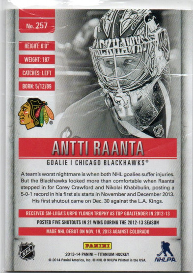  2013-14 Panini Titanium Draft Position #257 Antti Raanta/100 RC