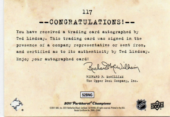  2011-12 Parkhurst Champions Autographs #117 Ted Lindsay I WIRE