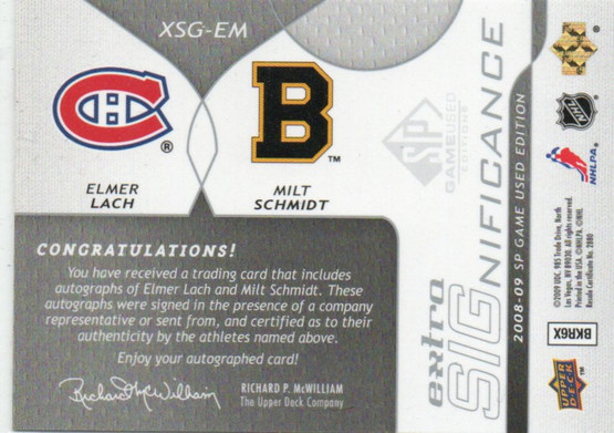  2008-09 SP Game Used Extra SIGnificance #XSGEM Elmer Lach/Milt Schmidt /25
