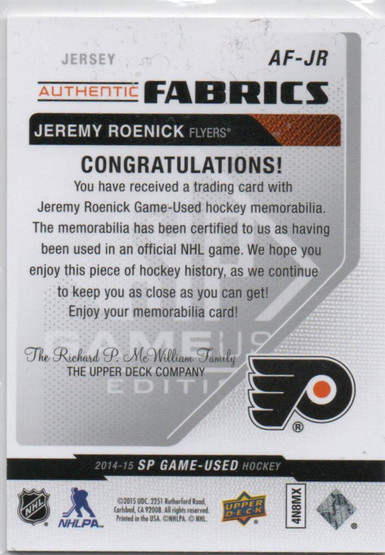  2014-15 SP Game Used Authentic Fabrics #AFJR Jeremy Roenick E
