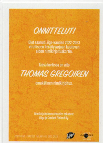 2022-23 Cardset Signature Thomas Gregoire /40
