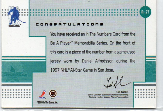  2000-01 BAP Memorabilia Jersey Numbers #N27 Daniel Alfredsson