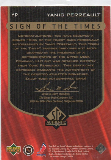  1997-98 SP Authentic Sign of the Times #YP Yanic Perreault