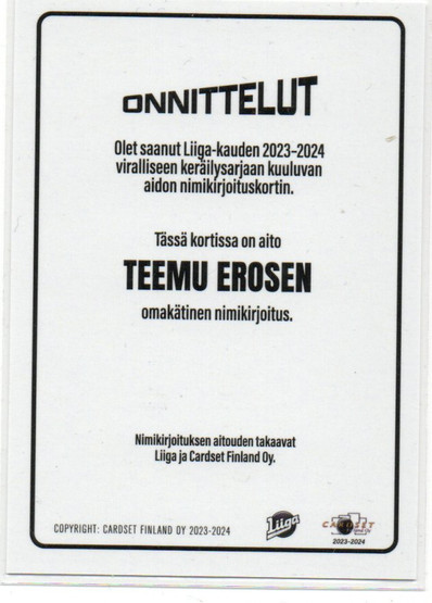 2023-24 Cardset Signature Teemu Eronen /40