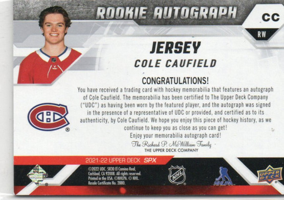  2021-22 SPx Rookie Jersey Autographs #CC Cole Caufield /75