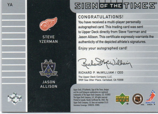  2001-02 SP Authentic Sign of the Times #YA Steve Yzerman/150/Jason Allison