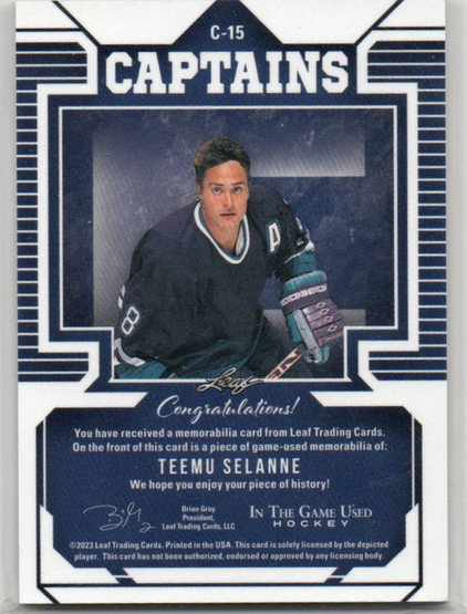  2022-23 ITG Used Captains Memorabilia Bronze #C15 Teemu Selanne /4