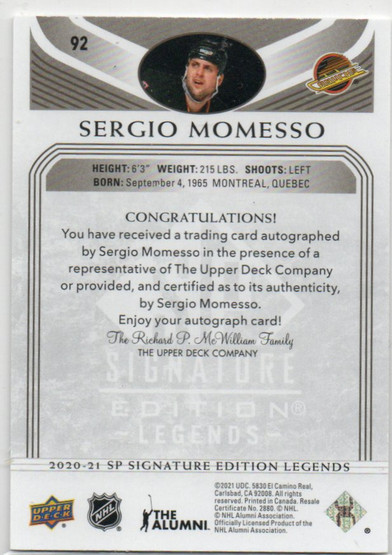  2020-21 SP Signature Legends Black #92 Sergio Momesso AU /10