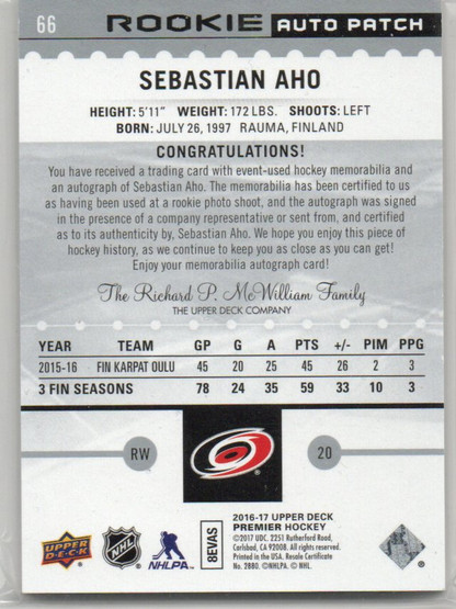  2016-17 Upper Deck Premier #66 Sebastian Aho JSY AU/299 RC