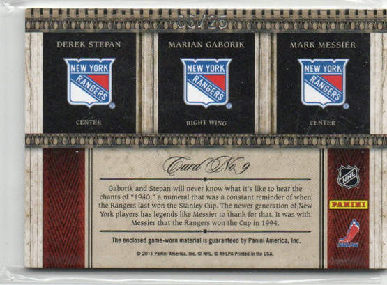  2011-12 Crown Royale Royal Lineage Materials Patches #9 Derek Stepan/Marian Gaborik/Mark Messier /25